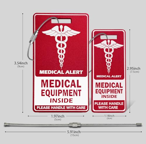 TINNALART Medical Equipment Luggage Tag,Red and White with Steel Cable,Medical Id Tags for Travel