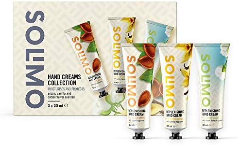 Amazon-Brand - Solimo - Hand Creams Collection, Moisturises and Protects Argan, Vanilla & Cotton Flower Scented (3 x 30 ml)