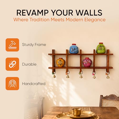 Image of Aakriti Art Creations Ladder Wall Decor 4 Colored Handcrafted Madhubani Pots | Wooden Shelves Hanging with Terracotta Vases | Matte Finish Decorative Wall Art for Living Room, Entryway & Gifting