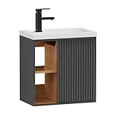 UEV Waschtisch mit Unterschrank hängend,Gäste-WC Waschtisch kleine, Waschbecken mit Wasserhahn, Waschtischunterschrank hängend, Waschplatz ausreichend Stauraum,Badmöbel Set für Badezimmer dunkelgrau