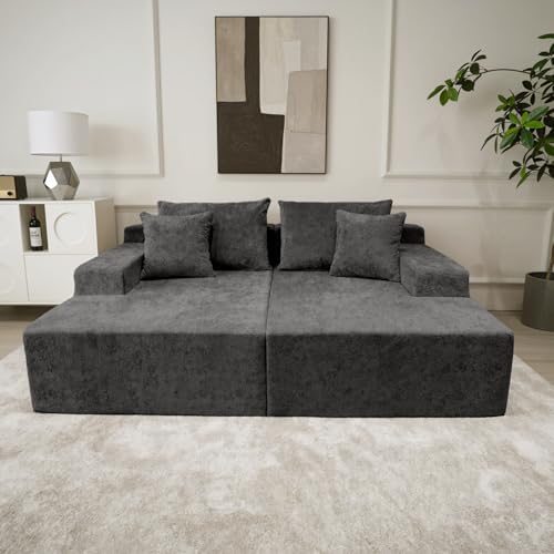 Image of Sytopia Loveseat Chaise Lounge with Armrests, Oversized Sofa Bed with 4 Pillows, Cozy Boneless Sleeper, Modular Sectional Couch for Living Room Bedroom, Floor Chair Furniture sala Chenille, Black