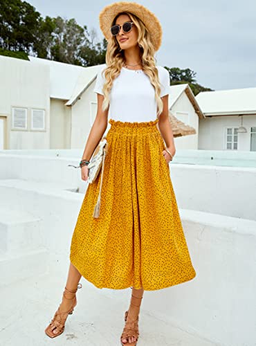 Women's Skirts Casual Pleated High Elastic Waisted Polka Dot Floral Midi Cover Ups Skirt With Pockets Yellow L #TOP3