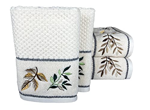 Image of SENSES By Riba Cotton Embroidered Towel Set, 550 GSM Soft & Absorbent, Antimicrobial, Oeko-Tex Certified | Ideal for Home & Gifting, Pack of 4 (2 Bath 27 inchX50 inch + 2 Hand Towels 16 inchX26 inch) - Style 2