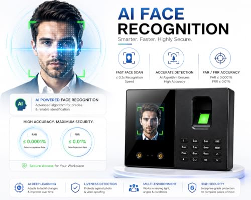 Image of Smart Biometric Attendance Machine with Face Recognition,Fingerprint Scanner,USB Support,Digital Display,Office Attendance Device,Secure Access Control System for Office&Business Use(1 Year Warranty)