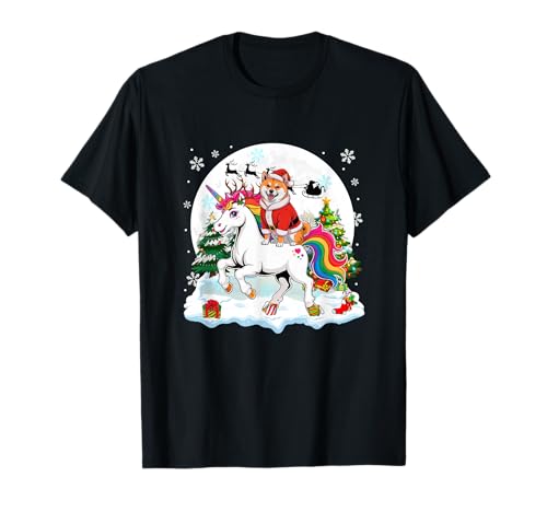 Santa Shiba Inu Riding Unicorn Reindeer Christmas Owner Kids T-Shirt