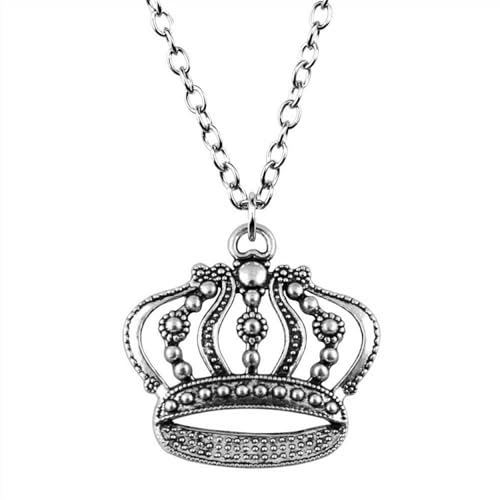 Collier pendentif longue couronne argent ancien bijou rétro mixte avec longue chaîne acier