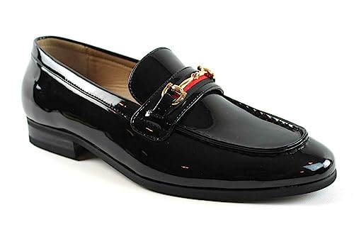 Men's Dress Shoes Patent Black Loafer with Gold Buckle Slip On Formal Modern Classic