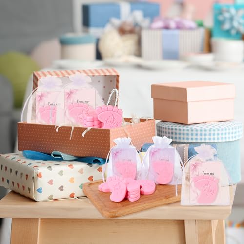 Image of 50 Sets Baby Shower Soap Favors for Guests - Mini Handmade Footprint Scented Soap with Thank You Cards and Organza Bag, Party Gifts for Gender Reveal Baptism (Bow,Pink)