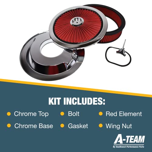 A-Team Performance - High Flow Replacement Air Cleaner Assembly W/Flow-Thru Lid Washable And Reusable Round Air Filter Element Kit With Star Wing Nut - Compatible With Chevrolet Gmc Ford 14"X3" Red #TOP5