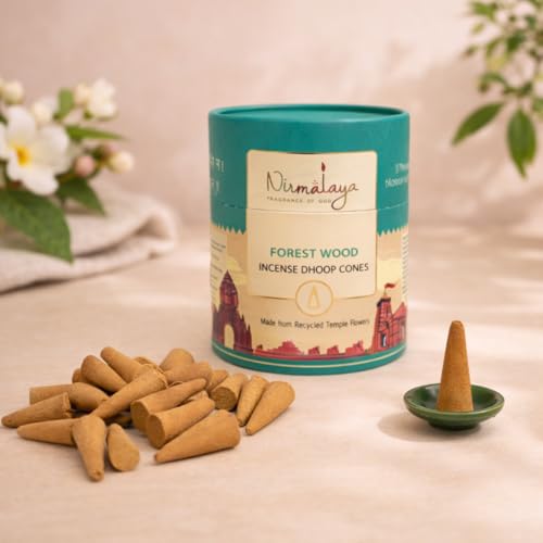 Image of Nirmalaya Premium Forestwood Dhoop Cones | 60 Bambooless Incense Cones with Stand | Made from Sacred Flowers | Charcoal Free Cones | 25 Min Burn Time for Pooja & Meditation