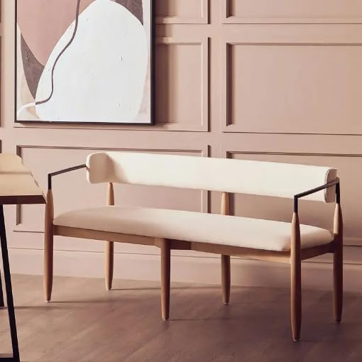 Levon Artisan Mid-Century Modern Upholstered Dining Bench with Backrest – Solid Mango Wood & Cream Fabric Kitchen Bench with Armrests for Dining Room, Entryway & Living Room-image-13