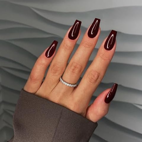 KQueenest Dark Red Press On Nails Medium Long Square Nails Press Ons Gloss, More Burgundy Long Fake Nails For Women Daily Wear, Thick Acrylic Stick on Nails False Nails Set, 24 Pcs Cover