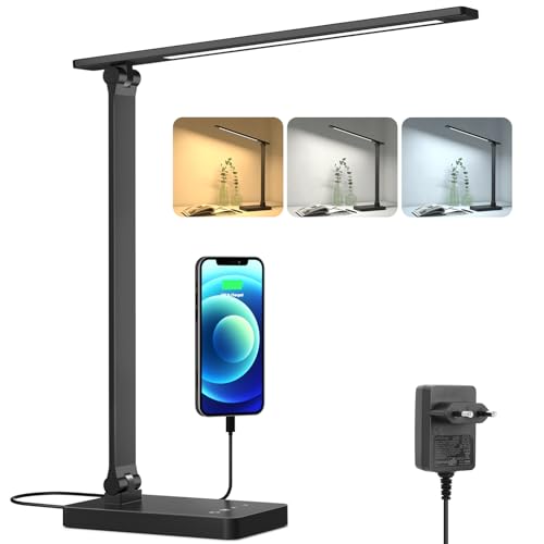 Lepro Schreibtischlampe, LED Tischlampe Dimmbar, Nachttischlampe 750LM 3 Farben und 5 Helligkeitsstufen, Tageslichtlampe, Tischleuchte, Schreibtisch Lampe für Kinder, Büro, Kunststoff, Schwarz