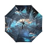 KAAVIYO Poissons Iguanes Bleu Volant Dans L'espace Parapluie de Voyage Coupe Vent Ouverture Fermeture Automatiques,Protection Solaire UPF 50+ pour Enfants