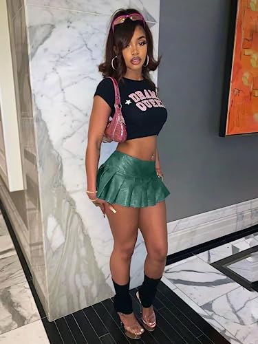 XZLUFNY Women's Short Mini Pleated Skirts High Rise PU Leather Tennis Skater Skirt3