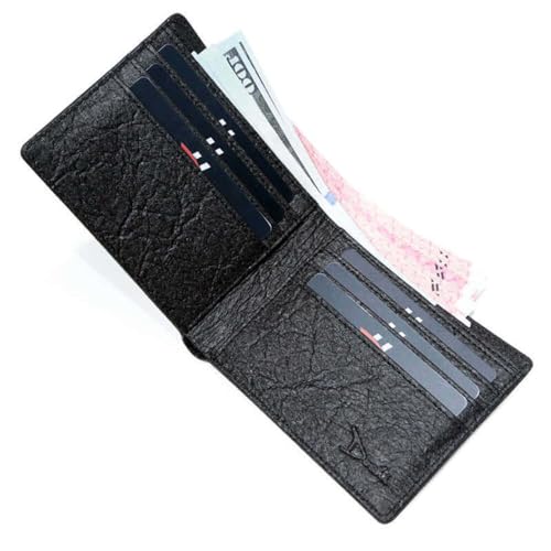 DOSHI - Classic Pinatex Black Bifold Wallet for Men - RFID Protection Vegan Leather Wallet with Card Slots - Luxury Men's Wallet with Folded Edges Design - Durable Vegan Slim Bifold Wallet3