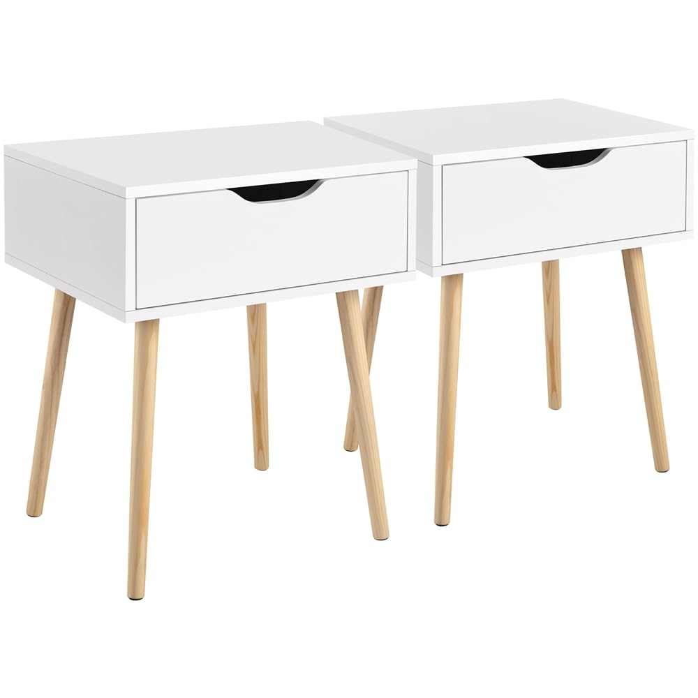 Yaheetech 2pcs Mesillas de Noche con 1 Cajón Mesitas de Noche | para Dormitorio Mesa Auxiliar de Madera para Sala de Estar Blanco 48,5×41×57,5 cm