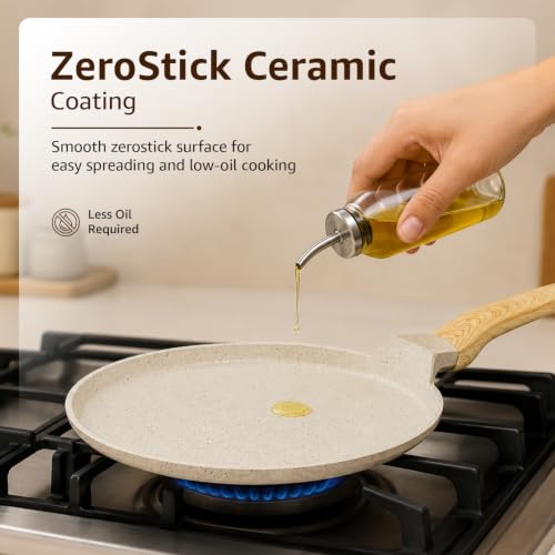 Image of Amazon Basics Ceramic Dosa Tawa 28cm | Nonstick Coating | BPA-Free & PFOA-Free | Induction & Gas Compatible | Even Heat Distribution | Soft-Touch Handle| Ivory