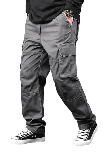 Image of Men's Cotton Cargo Pants for Men | Relaxed Loose Fit Drawstring Waist Cargo Trousers | Multi Pocket Casual Utility Pants for Outdoor, Travel