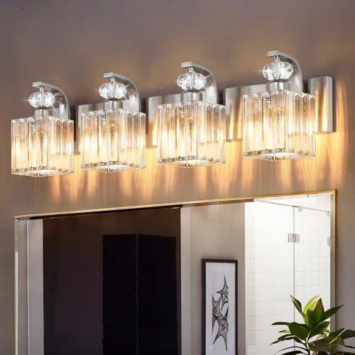 Vikdio Modern Bathroom Vanity Light, 4-Light Nickel Bathroom Lighting Fixtures Over Mirror, 28.4" Crystal Wall Light Sconce for Bathroom/Bedroom/Vanity, Includes LED Bulbs, Easy Installation by Vikdio - Used condition - US$89.77