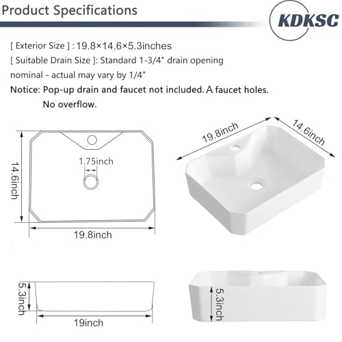 KDKSC Vessel Sink Rectangular 20"x14" White Octagonal Shape Bathroom Sink with Faucet Hole Porcelain Ceramic Modern Above Counter Vanity Sinks by KDKSC - Image 3