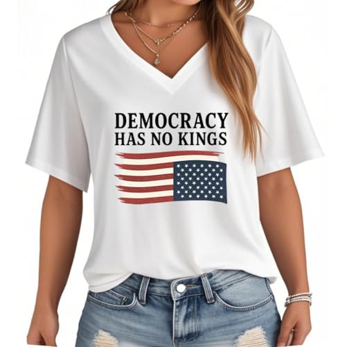 Democracy Has No Kings T-Shirt Democracy Has No Kings Shirt 8647 T-shirt con scollo a V Donna Uomo, Bianco (v-collo), M