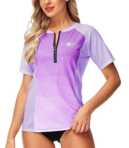 Image of AOBUTE Women Zip Rash Guard UPF 50+ Gradient Short Sleeve Swim Top Surf Shirts