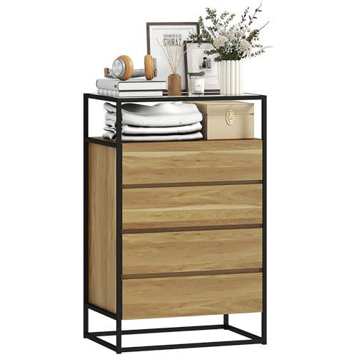 HOMCOM Cómoda 4 Cajones, con Superficie de Vidrio Transparente y Estante Abierto, Cómoda Dormitorio, Estructura de Acero, Cajonera para Salón, Oficina, 60x40x94,5 cm, Teca