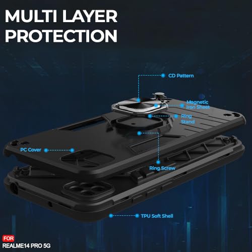 Image of AESTMO Realme 14 Pro 5G Back Case Cover | Tough Armor Bumper | Ring Holder & Kickstand in-Built | 360 Degree Protection Cover for Realme 14 Pro 5G (Black)