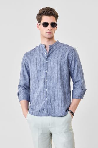 Image of SNITCH Men Casual Shirt | Regular Fit Full Sleeve Mandarin Collar Striped Design | Polyester Cotton Linen Blend & Breathable Fabric for Smart Casual