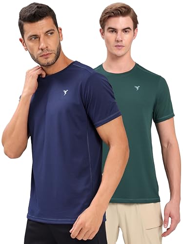 Image of TECHNOSPORT Men's 100% Polyester Slim Fit Solid Short Sleeve T-Shirt for Gym, Workout, Sports and Regular Use - Pack of 2