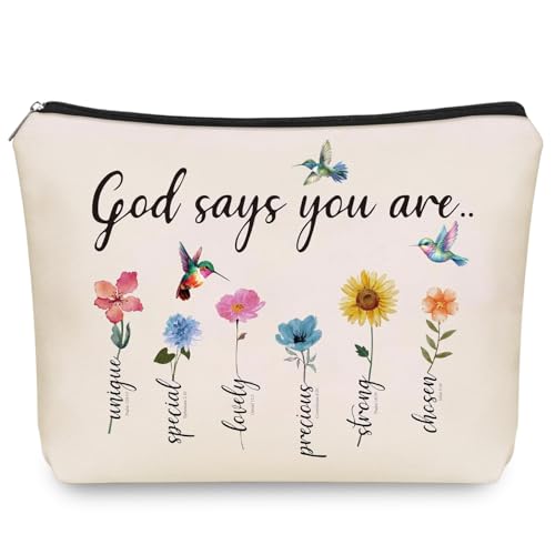 Bibel - Neceser pequeño para maquillaje cristiano con texto en inglés God Says You Are, neceser de viaje con flor, bolsa de maquillaje para mujer