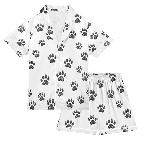 ALAZA Bear Paw Print Footprint Pajamas Satin Pajama Set Short Sleeve Button Down Sleepwear