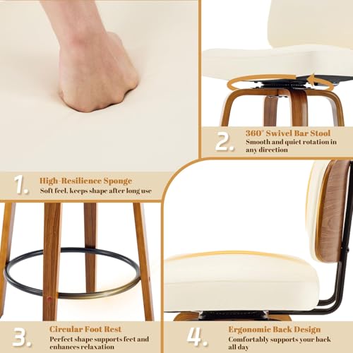 Image of Counter Height Bar Stools Set of 4, 26+inch Swivel Faux Leather Barstool with Back, Upholstered Mid-Century Modern Bar Chairs with Bent Wood Legs for Kitchen Counter, Dining Room, Cream White