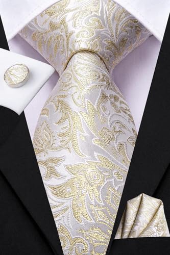 Image of Dubulle Mens Paisley Striped Tie Woven Necktie for Men and Handkerchief Cufflinks Set Wedding Formal Business