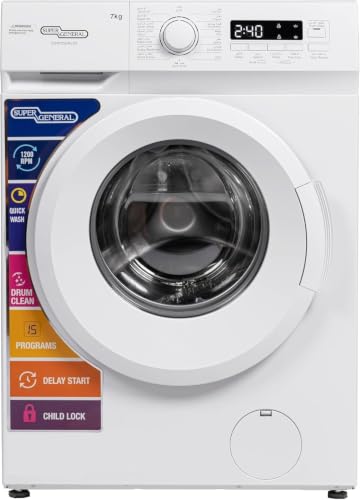 Super General 7 Kg Front Load Washing Machine SGW7250NLED 1200 RPM Spin Speed 15 Wash Programs Quick Wash LED Display Delay Start Drum Clean Child Lock 59.5 W x 40 D x 85 H cm White