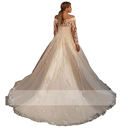 XYAYE Long Sleeve Lace Wedding Dresses for Bride Puffy Tulle Bridal Dresses Off The Shoulder Bridal Gowns for Women2