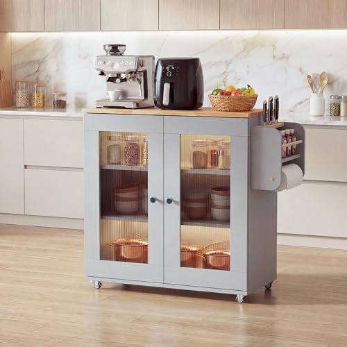 Image of Rocco Walky Kitchen Island Storage Cabinet with Wheels, Solid Rubber Wood Top, Fluted Acrylic Doors, Built-in Power Sockets & LED Lights, Soft-Close Hinges & Side Organizer (Grey, Medium Size)