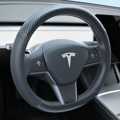Uxcer Carbon Fiber Leather Steering Wheel Cover for Tesla Model 3/Y 2016-2025 2026 Juniper/Highland Non-Slip Breathable Steering Wheel Protector for Tesla Model 3/Y Accessories 2026