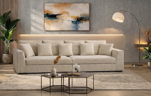 Image of Homax. Benitez Solid Sal Wood Easy-Clean, Kid & Pet Friendly Fabric Upholstered 4 Seater Straight Sofa Set for Living Room, Beige Color
