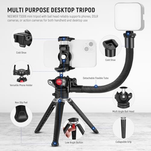 Image of NEEWER Mini Desk Tripod for iPhone with 2in1 Phone Holder /Action Camera Adapter /Flexible Arm, Small Portable Pocket Tripod Compatible with GoPro iPhone for Travel Vlogging Video Recording, TS006