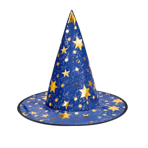 Century Star Witch Hat for Women Halloween Wizard Hat with Gold Star Party Hats for Adults Halloween Costume Accessories Blue One Size