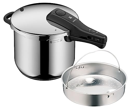 WMF Perfect Schnellkochtopf Induktion 6,5l, Dampfkochtopf mit Einsatz, großes Kochsignal, 2 Kochstufen, abnehmbarer Deckelgriff, Cromargan Edelstahl