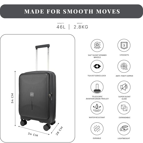 Image of F Gear Myton Dark Grey Small Cabin Front Opening Hard Luggage | Lightweight Expandable Carry-On Suitcase with 360 Spinner 8-Wheels, Built-in TSA Lock, Anti-Theft Zipper & 3-Level Telescopic Trolley
