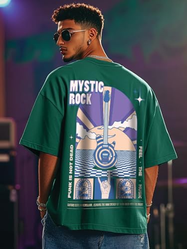 Image of Veirdo Pure Cotton Oversized Baggy Fit Drop Shoulder Stylish and Graphic Printed Round Neck Half Sleeves T-Shirt for Men (Available Color Options: Black, Green, Royal Blue, Lilac & Sky Blue)