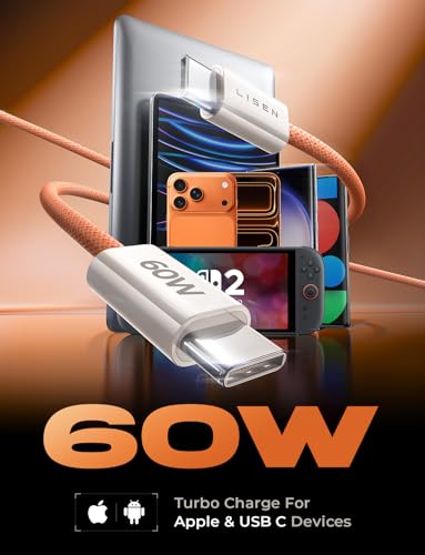 Image of LISEN USB C Cable, 5-Pack [3.3 /3.3 /6.6 /6.6 /10FT] Orange for iPhone 17 Charger Cord, 60W C to C Cable Fast Charging for iPad, iPhone 17 Air 16 15 Pro Max, Samsung Z Flip 7 /S25 /S24