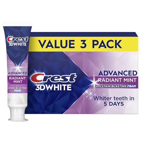 Crest 3D White Advanced Teeth Whitening Toothpaste, Crest 3D White Brilliance Toothpaste, Radiant Mint, 3.3 oz, Pack of 3