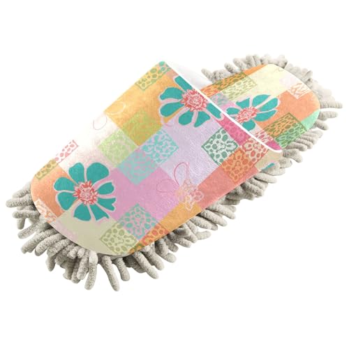 Kigai Flower on Squares Mop Slippers for Floor Cleaning, Slippers for Women Men, Microfiber Floor Cleaning, L