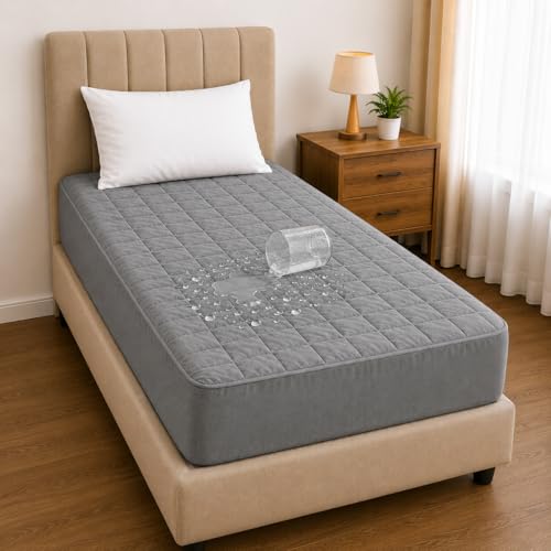 Image of BABYLEE 100% Waterproof Quilted Single 72x48 Inch 6x4 Ft Fits Upto 10 Inch Mattress | Premium Terry Cotton Breathable Bed Protector | Mattress Cover for Single Bed | Grey Color Bed Protector