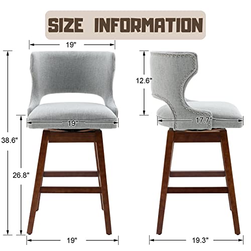 Rocity Swivel Counter Stools Set Of 2 Wood Bar Stools With Backs 26 Inch Upholstered Linen Stool Chair Farmhouse Barstools For Kitchen Island, Nailhead Trim, Grey #TOP1